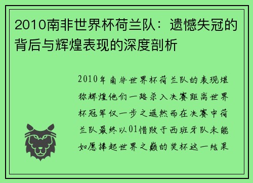2010南非世界杯荷兰队：遗憾失冠的背后与辉煌表现的深度剖析